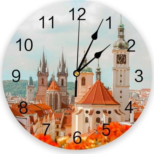 Youth Bedroom Wall Clocks Rooftop Cityscape In Prague Living Room Clocks Ornaments Baby Room Study Mute Wall Clocks