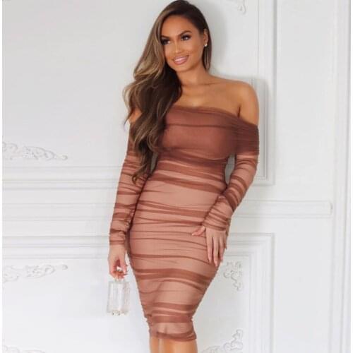 Stunning Strapless Off Shoulder Sheer Mesh Ruched Bodycon Midi Dress Spring Summer Long Sleeve Vestidos Party Clubwear