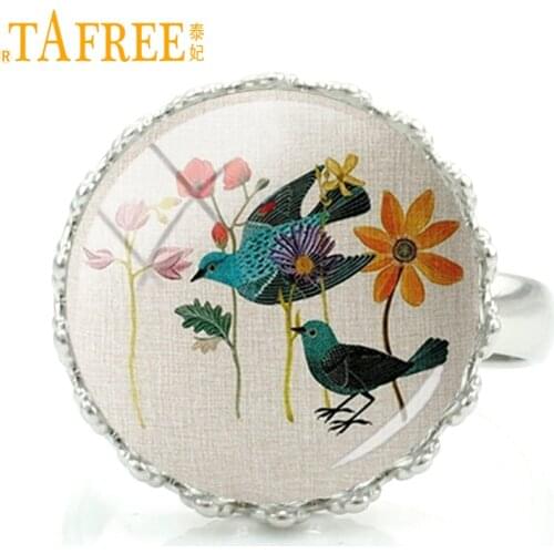 TAFREE Simple Bird Flower Rings Vintage flowers green tree pattern for men women art tension setting iron alloy jewelry A796