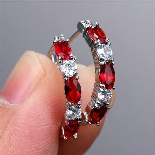Simple Female Red Crystal Stone Earring Classic Silver Color Hoop Earrings Dainty Rainbow Oval Zircon Wedding Earrings For Women