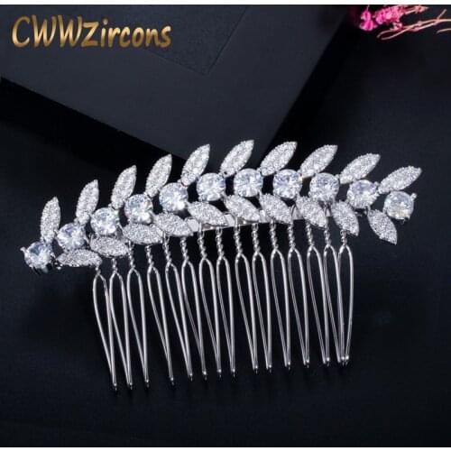CWWZircons Luxury White Gold Color Shiny Cubic Zirconia Stone Leaf Bridal Wedding Hair Combs Pins Jewelry Accessories A011