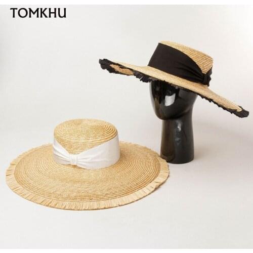 2021 New Summer Beach Hat Female Paper Straw Hat With Ribbon Wide Brim Boater Hats Flat Top Casual Sun Hat For Women Man Panama