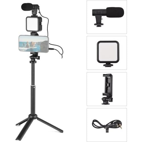 Mini LED Video Light for Phone Live Stream Vlog Shooting +Super Cardioid Condenser Microphone+Phone Clip+Tripod+Remote Shutter