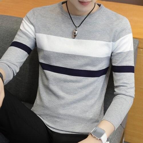 Thin long sleeve sweater mens round neck Pullover striped sweater fashion trend