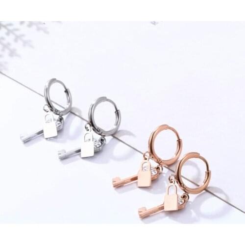 Creative Stainless Steel Key With Lock Earrings Rose Gold Crystal Heart Tassel Ear Clip Hoop Korean Jewelry Friendship Best Gift