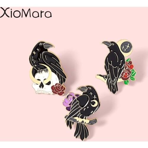 Crow Raven Enamel Pins Gothic Moon Flowers Skull Brooches Lapel Badges Wholesale Witchcraft Pin Jewelry Gifts for Friend