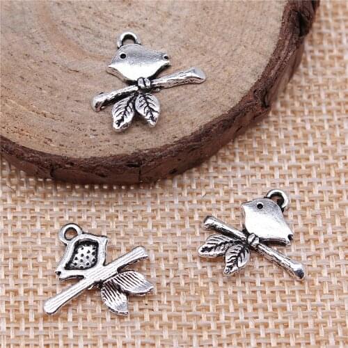 WYSIWYG 20pcs 17x16mm 2 Colors Antique Silver Color Antique Bronze Bird Branch Charm Bird Charms Branch Bird Charm