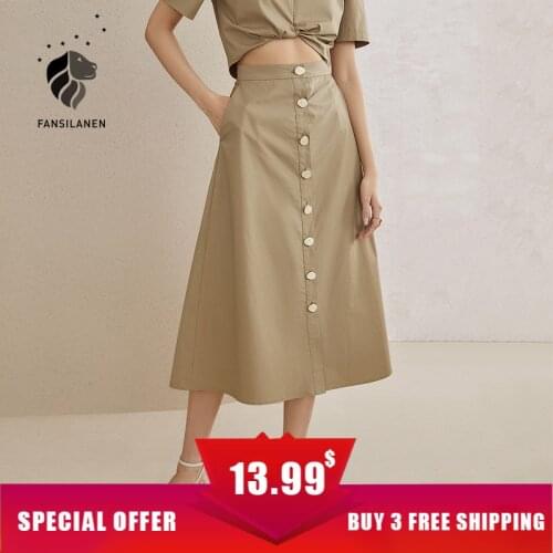FANSILANEN Elegant high waist long a-line skirt Women office lady casual button wrap skirt Spring summer cotton vintage skirt