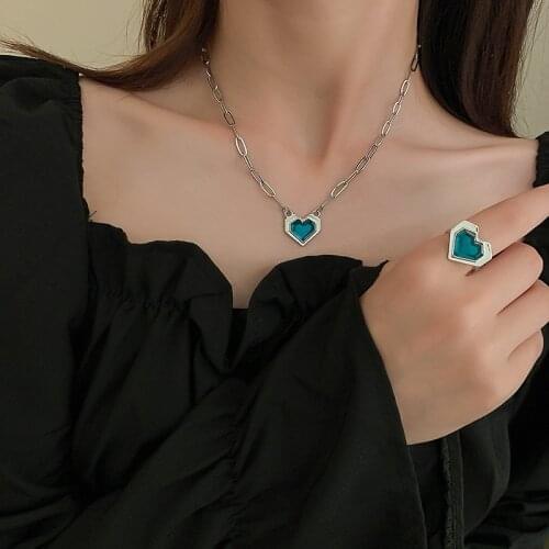 Jewelry Sets for Women 2021 Green Heart-shaped Clavicle Chain Ins Womens Necklace Open Korean Ring Female Wedding Accessories