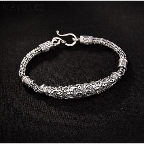 4mm Width S925 Sterling Silver Plum Embossed Pattern Retro Personality Braided Twist Ladies Bracelet Birthday Gift