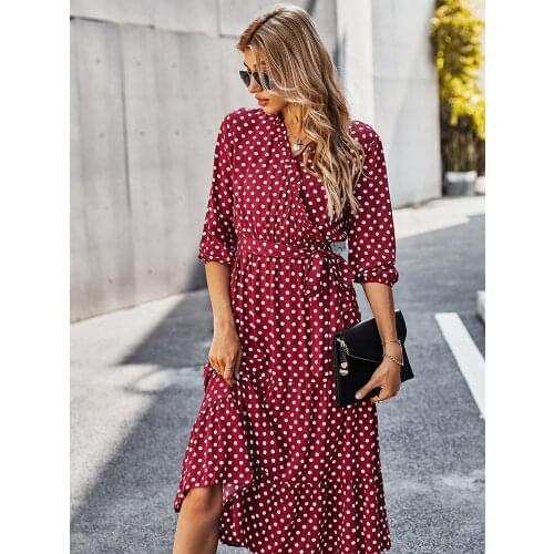 Polka Dot Print Bohemian Beach dress V Neck Ruffle Midi Ladies Female Dress Elegant Slim Summer Boho 2021 Red Dress For Women