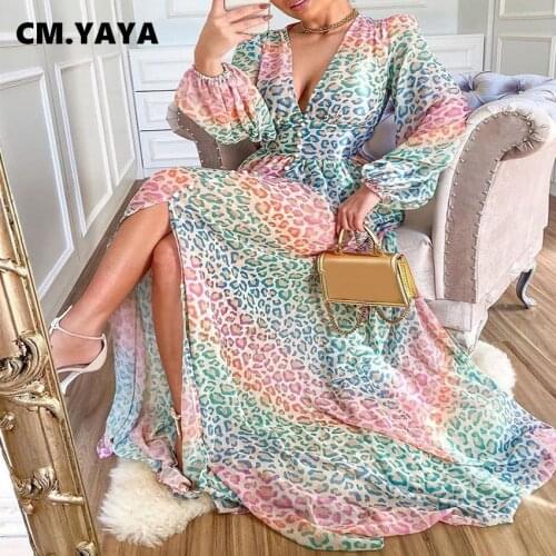 CM.YAYA Women Long Dress Print Full Sleeve V-neck Elastic Waist Splited A-line Dresses Vintage Fashion Vestidos Autumn Outfits