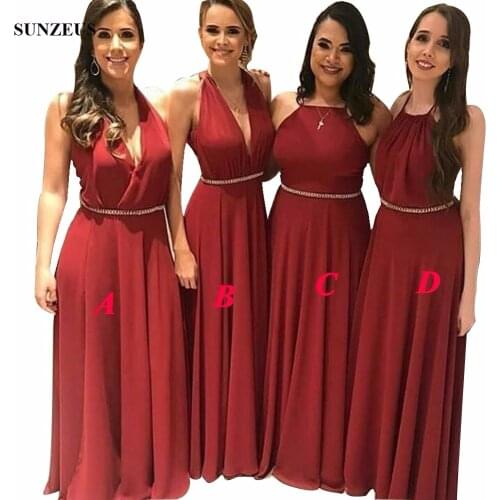 Burgundy Bridesmaid Dresses V-neck Halter Chiffon Long Women Wedding Party Gowns robe fille d'honneur mariage BDS057