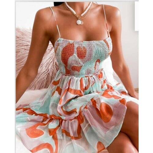 Sexy Backless Women’s Ruched Mini Dress Printed Boat Neck Boho Dress Spaghetti Strap Ladies High Waist Short Beach Sundress