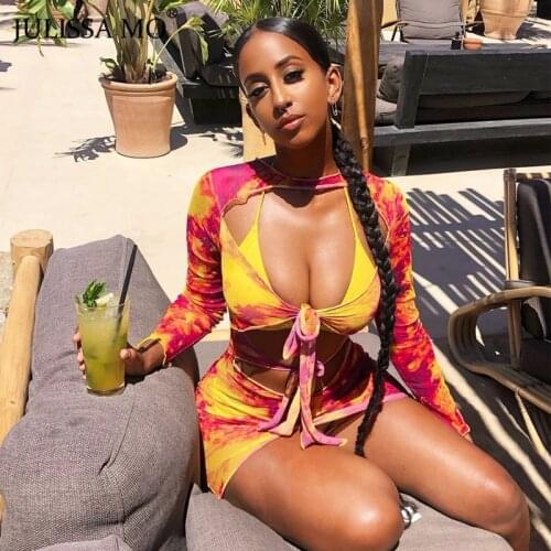 Julissa Mo Sexy Hollow Out Print Bodycon Dress Women See Through Mesh Mini Dress 2020 Autumn Long Sleeve Bandage Party Vestidos