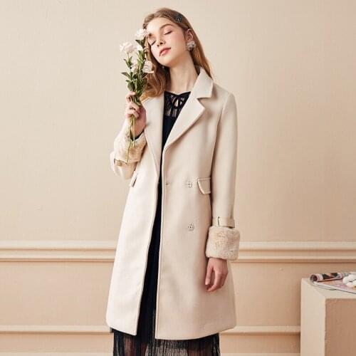Winter Autumn Women Sweet Fur Patchwork Full Sleeve Beige Woolen Coat , Fall Woman Clothes Wool Coats