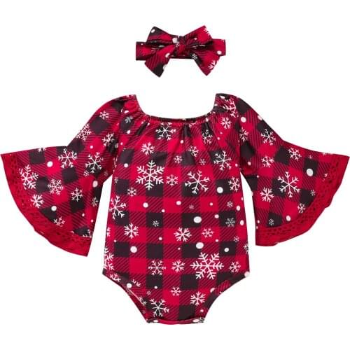 2Pcs Baby Christmas Outfit, Plaid Snowflake Long Flare Sleeves Romper + Hairband for Toddler Girls, 0-18 Months