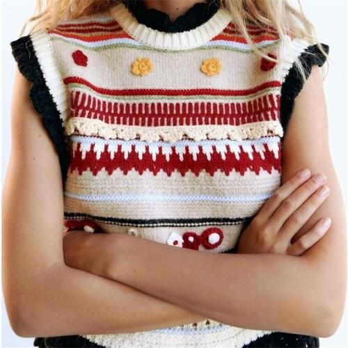 2021 autumn and winter womens round neck short-sleeved new flower embroidery texture knitted contrast color pullover vest