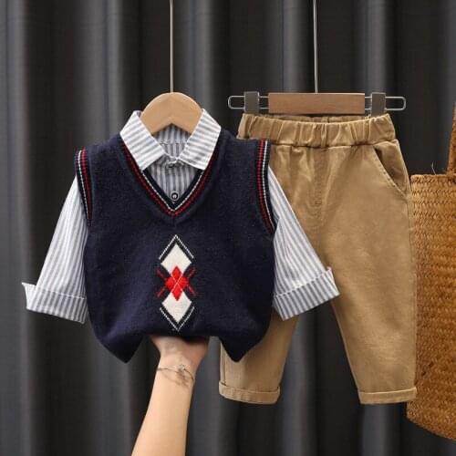 Boys Back to School Outfit Fashion Wool Vest + Shirts + Pants 3PCS Kids Fall Clothing Childrens Bebes Jogging Suits Tracksuits