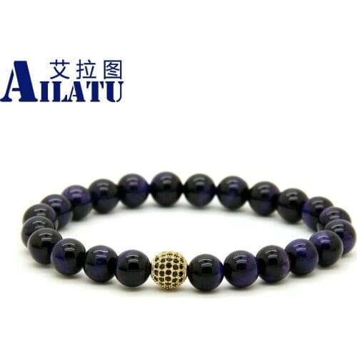 Ailatu Hot Sale Mens Exquisite Micro Paved Black Cz Ball Jewelry 8mm A Grade Purple Tiger Eye Stone Beads Bracelet