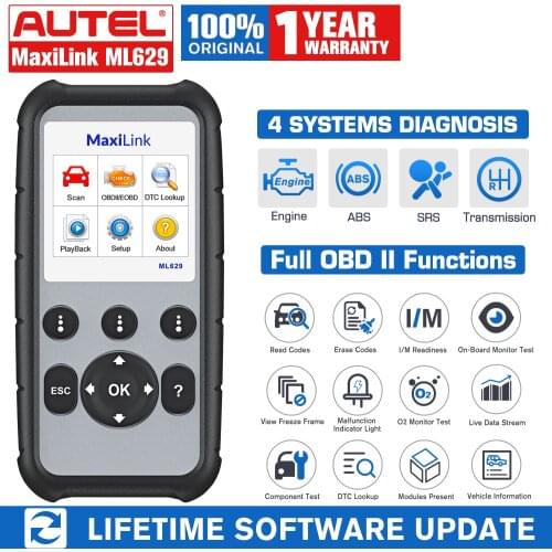 Autel MaxiLink ML629 OBD2 Scanner Code Reader ABS/SRS Multi Languages Car Diagnostic Tool, Turns off Engine Light (MIL) ABS/SRS