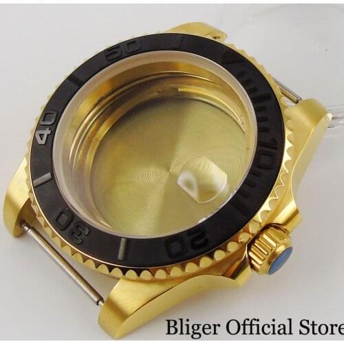 BLIGER Gold Coated Mechanical Watch Case Fit NH35 NH35A Movement Brushed Black Bezel Insert Sapphire Glass
