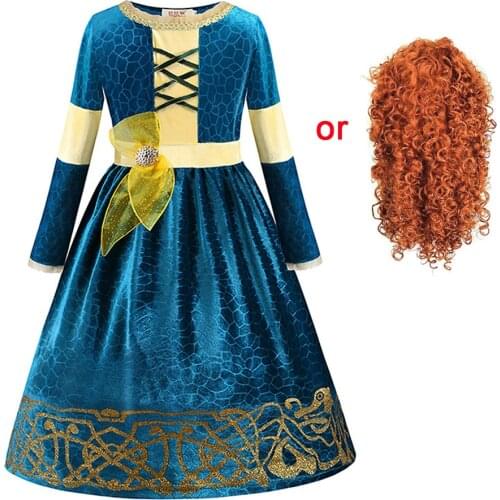 Girls Brave Merida Princess Dress up Costumes Kids Long Sleeve Winter Cosplay Party Clothes Merida Costume Hair Wig Fancy Frock