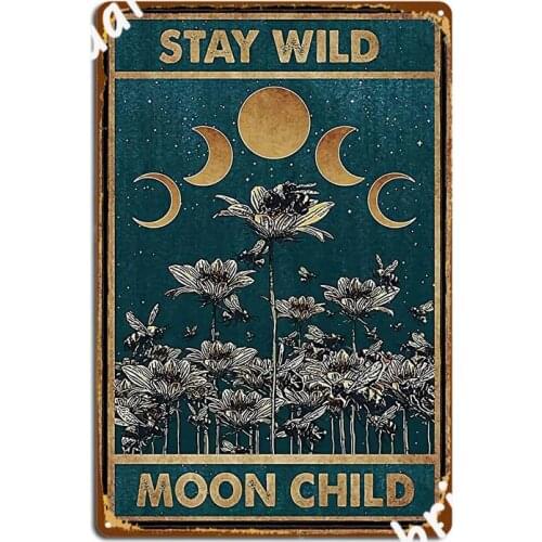 Bees Suck Flower At Night Moon Child Poster Metal Plaque Poster Garage Club Wall Decor Funny Tin Sign Poster