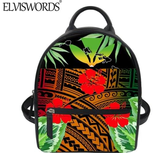ELVISWORDS Polynesian Hibiscus With Tribal Pattern Mini Backpack For Women Durable PU Leather Sack Female Casual Shoulder Bag