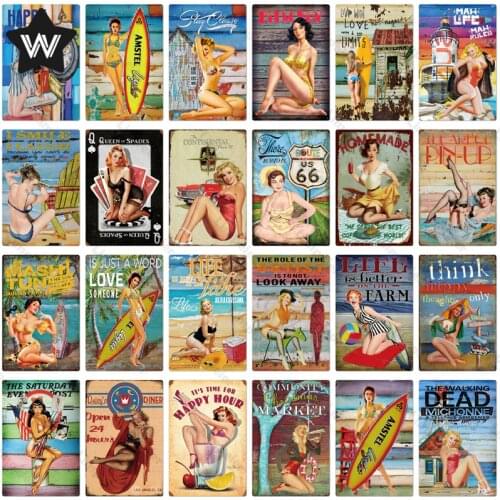 Pin Up Girl Metal Tin Sign Sexy Metal Wall Stickers Vintage Style Tin Plaque Metal Plate Retro Metal Sign for Man Cave Bar Decor