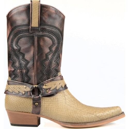 FootCourt- Green Genuine Leather Olive Multi Coloured New Cowboy Boots For Men Snake Printed Leather Buckle Mid Calf Pointed toe