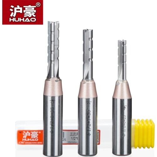 HUHAO 1pc 3 Flutes TCT Straight Cutter Chipboard Wood Carving Slot Trimming Router Bit Hard Tungsten Steel 1/2 Shank Endmill