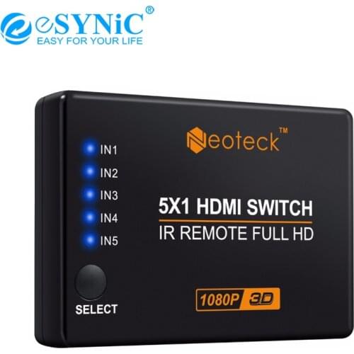 ESYNiC 5 Port HDMI Switcher With IR Remote Control+USB Power Cable Switch Splitter Hub For PS4 Xbox HD 1080P 3D Video Switcher