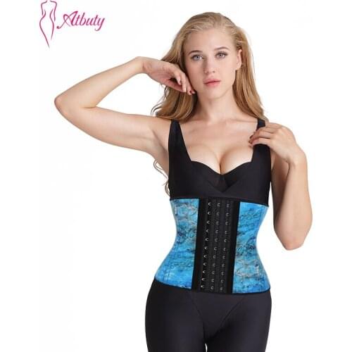 Atbuty Short Torso Waist Trainer Latex 9 Inches Torso Waist Cincher Shaper Steel Bones Blue Corset