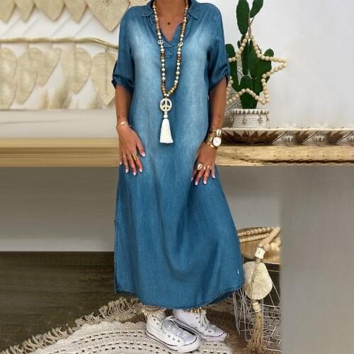 Summer Women Faux Denim Dresses Half Sleeves Loose Long V-Neck Button Sexy Casual Turn-down Collar Dress Vestidos Dresses D30