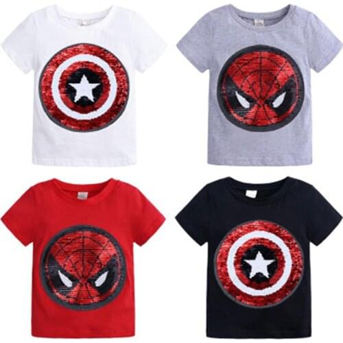 Summer T-Shirt Boys Superhero Sequin Reversible Tops Tees Kids Spiderman Face-changing Captain America T Shirt Children Clothes