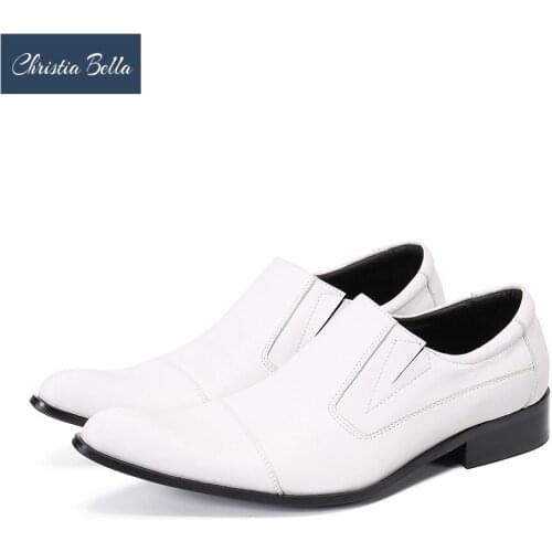 Christia Bella Fashion White Wedding Party Men Shoes Pointed Toe Business Dress Shoes Slip On Formal Brogue Shoes Male Footwear