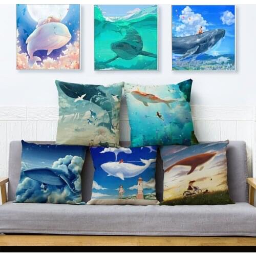 Cartoon Colorful Flying Whale Cushion Cover Linen Pillows Covers 45*45cm Throw Pillow Case Car Home Decor Animal Pillowcase