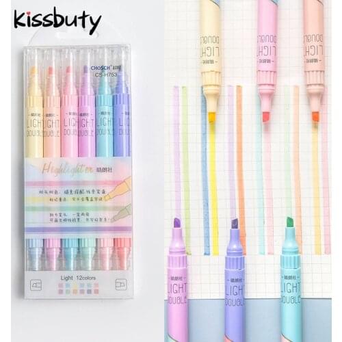 KissButy 6Pcs/Set Highlighter Pen Set Double headed Highlighter Colour School Supplies Marker Stationery