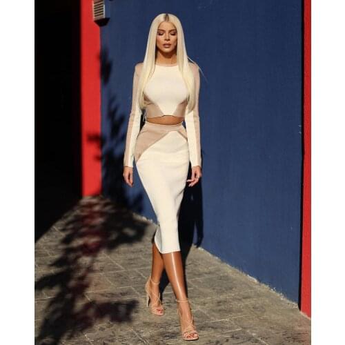 Sexy Patchwork Long Sleeve Two Pieces White Bandage Set 2021 Celebrity Designer Fashion Womens Set
