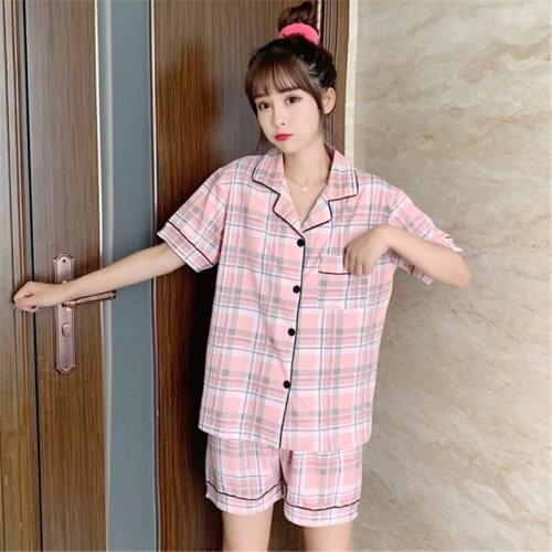 Pajamas women summer fashion lattice 2PC Korean cardigan short-sleeved ladies casual nightwear home service suit pijamas women