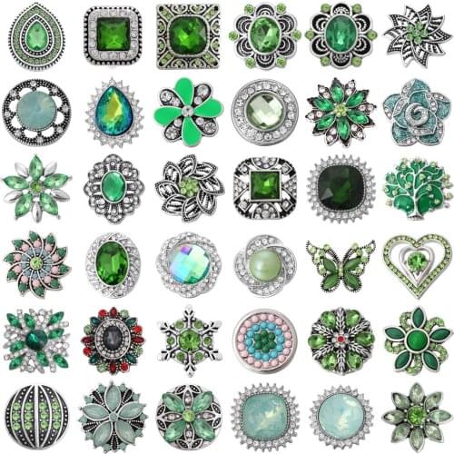 6pcs/lot 18mm Snap Button Jewelry Button Green Rhinestone Snaps Fit 18mm Metal Snap Buttons Bracelet