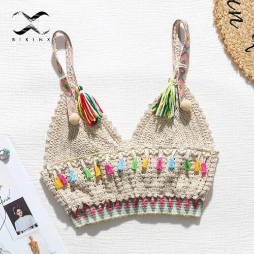 Sexy crop top bikinis 2020 Mujer v-neck swimsuit female beach wear Crochet swimwear women Beach wear Knitted Bikini top biquini