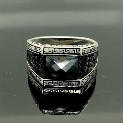 Silver Black Zircon Stone Mens Ring, Hand Made