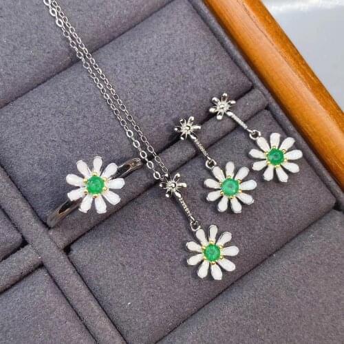 Newest attractive green emerald ring earring and necklace jewelry set for women natural gem real 925 silver platinum plated