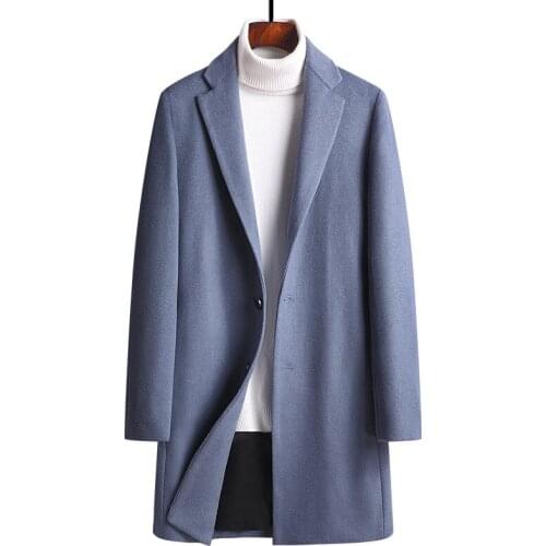 SHiONFA Autumn and Winter Mens Woolen Coat Slim Fit Medium Length Wool Windbreaker Thickened Overcoat Solid Color Jackets