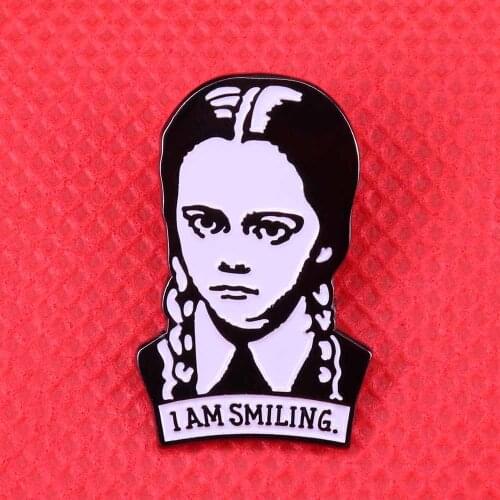 Wednesday Addams keeper pin I am smiling black aesthetic brooch monochrome art funny sarcastic badge family Gothic Halloween gif