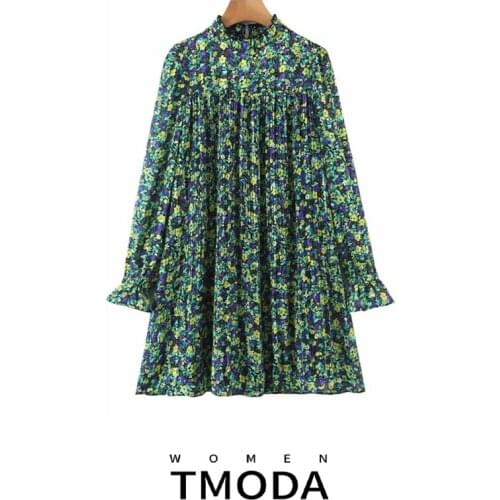 TMODA556 Za Women 2021 Green Chic Fashion Floral Print Ruffled Dress Vintage Long Sleeve With Lining Female Vestidos Mujer