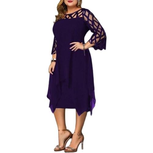 Party Women Elegant Dress Loose MeshTight Waist 3/4 Flare Sleeve Irregular Hem Knee-Length Summer Autumn Dresses mom