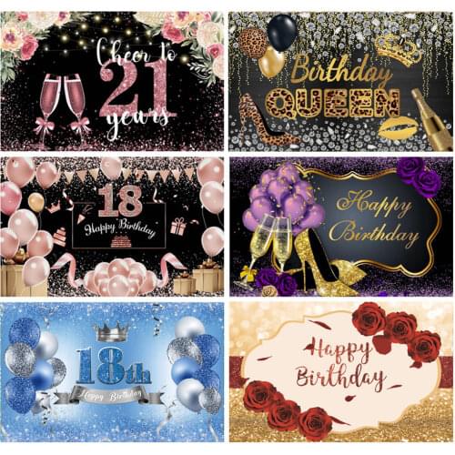 Vinyl Balloon Backdrops For Photography Happy 50 40 30 60th Birthday Party Shiny Diamond Golden Dots Ribbon Photo Backdrops